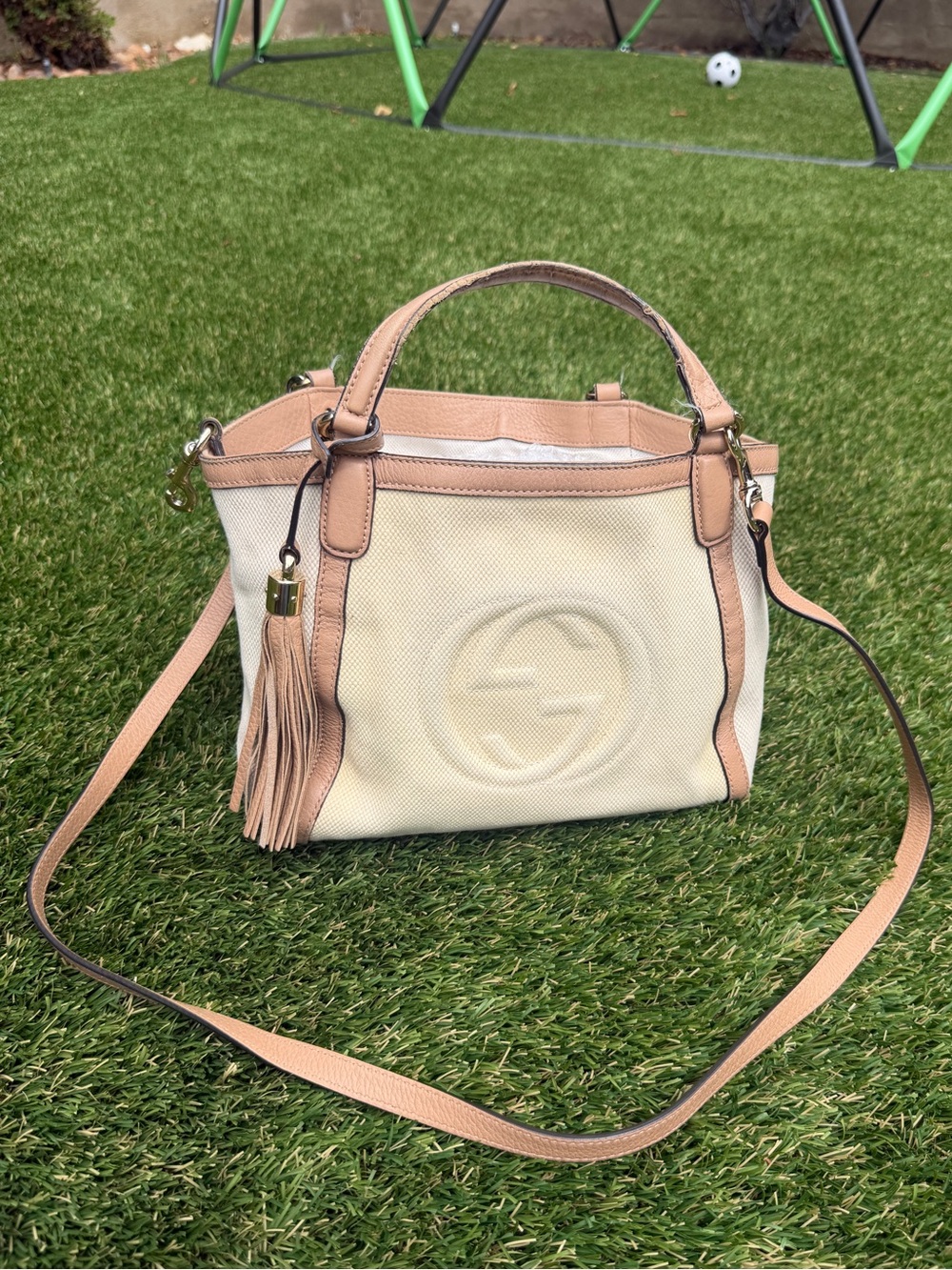 GUCCI Cellarius Soho GG Canvas & Leather Tote with Tassel